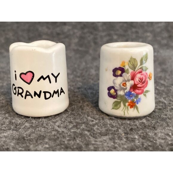 Vintage Ceramic Mini Candle Holders With "I ❤️ My Grandma" Text & Floral Design - Picture 3 of 9